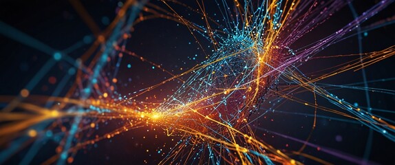 Cosmic Stream: Abstract digital art depicting a vibrant, swirling vortex of interconnected glowing lines and particles in shades of teal, orange, and purple.