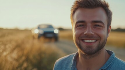 Young caucasian male smiling in countryside with car on rural road at sunset