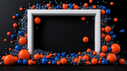 Framed Spheres Composition: A dynamic abstract composition features a pristine white rectangular frame at the center.