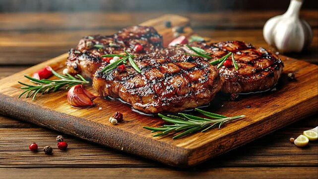 Grilled Juicy Steak on Wooden Cutting Board with Fresh Herbs, Garlic, and Spices Ready for a Delicious Meal in a Rustic Kitchen Setting