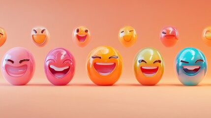 Obraz premium 41.A vibrant array of glossy 3D emoji designs, each showcasing unique emotions like laughter, admiration, and surprise, with realistic shadows and reflections enhancing their features.