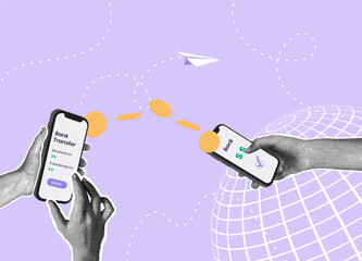 Trendy halftone collage. Mobile payment concept, payment, transfer money wirelessly with mobile app. Online banking