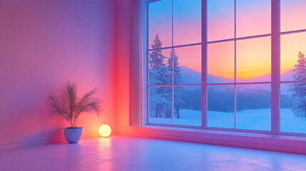 Sunlit room with a large blank poster and potted plants, perfect for displaying your design. Neon Sunset Cityscape View from Modern Apartment