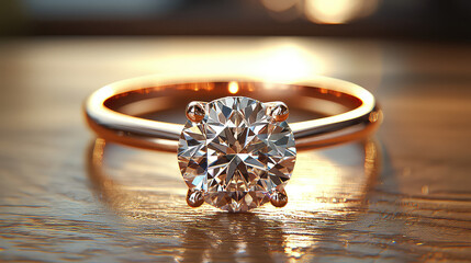 Sparkling solitaire diamond ring on rose gold band, showcased on wooden surface with warm lighting.