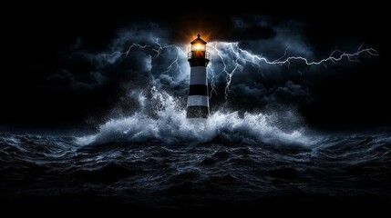 Fototapeta premium Lighthouse in Storm: A solitary lighthouse bravely stands against a raging storm, its beacon a symbol of hope and guidance amidst the tempestuous waves and crashing lightning. 