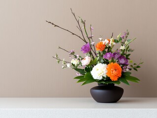 Fototapeta premium Elegant Ikebana Flower Arrangement in Artistic Style on Table