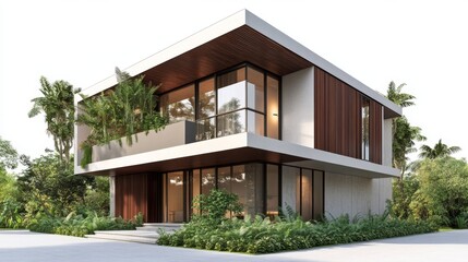 Fototapeta premium 69.A realistic 3D house design showcasing a two-story contemporary building with wooden panel accents, lush greenery, and shadows for depth on a white canvas.