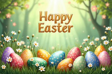 A vibrant Easter scene with colorful decorated eggs nestled in lush green grass, surrounded by white daisies. Golden text reads Happy Easter against a backdrop.