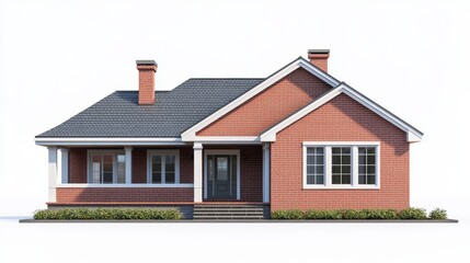 70.A 3D illustration of a suburban-style home with a sloping roof, red brick walls, and a small front porch, presented in crisp detail on a plain white background.