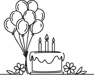 Continuous line drawing of birthday cake with candle and balloons. Birthday cake one line drawing in single line art style. Doodle sketch concept isolated on white background. Vector Illustration