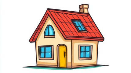 80.A cheerful cartoon house with a red roof, blue windows, and a yellow door, drawn with simple bold lines and bright colors, isolated on a plain white background.