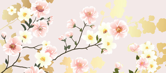 Luxury gold summer and spring flower background vector. Natural botanical elegant with cherry blossom, leaves branch. Design illustration for decoration, wall decor, wallpaper, cover, banner.