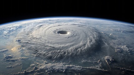 Hurricane Eye from Space: A mesmerizing satellite view captures the colossal power and beauty of a hurricane's eye, swirling with intensity against the backdrop of Earth's curve.