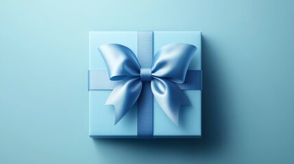 90.A minimalistic vector depiction of a square gift box with a large satin bow, rendered in shades of blue with a clean and modern design.
