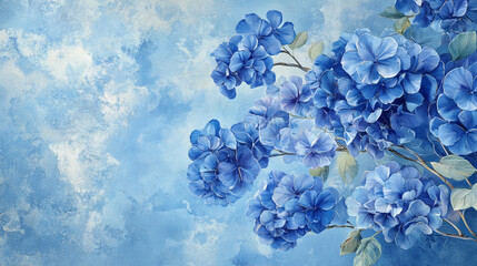 Watercolor Blue Flowers Close-up Floral Composition, Soft Hues, Botanical Art, Flower Wallpaper, Ethereal Watercolor Blue Hydrangeas