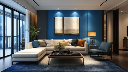 Fototapeta premium Large blue living room with an antique feel, Modern interior design of living room. Blue sofa, and wooden coffee tables over blue wall with copy space