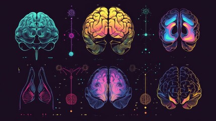 95.A versatile brain design vector set showcasing a top view in outline, solid black, and a detailed version with vivid color sections for creativity and analysis.