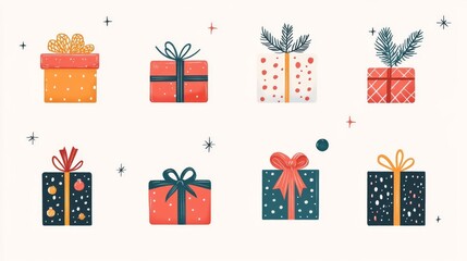 102.A versatile vector set displaying a variety of gift box designs, from minimalist outlines to fully colored and patterned styles, perfect for branding or festive purposes.