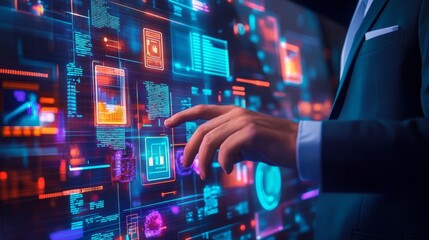 105.A close-up of a businessman interacting with a transparent touchscreen interface, with floating symbols of documents, images, and data files rendered in vibrant neon colors.