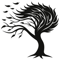 silhouette vector of tree bending in wind