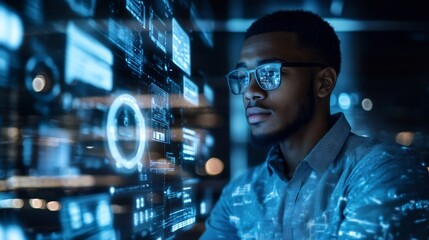106.A man in a casual shirt and glasses, deeply focused as he organizes holographic digital files projected from a sleek tablet in a dimly lit, tech-forward workspace.