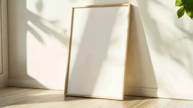 Wooden frame mockup on white wall.