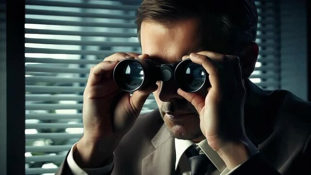 the man see through the blinds with binoculars, observation of spy at work, detective, Generative Ai