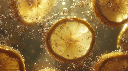 Lemon slices fizz in sparkling water; refreshing drink