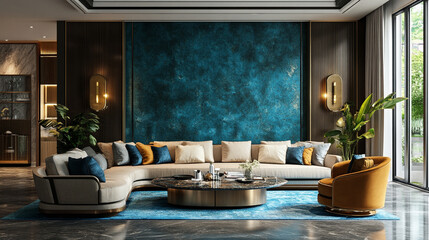 A cozy living room with a fireplace, two armchairs, a sofa, plants, and a coffee table. Modern living room with blue walls, orange velvet armchairs, and gold accent tables