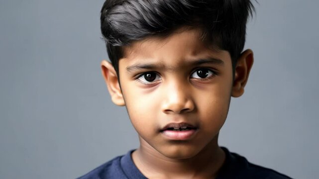 Close-up static video, diffused, even lighting, of a teenage south asian boy with a focused gaze expressing surprise, neutral gray background