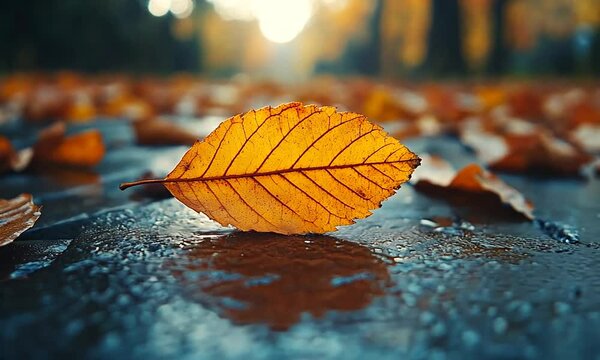 A close-up of a vibrant orange leaf resting on a wet surface, surrounded by fallen leaves in a serene autumn setting