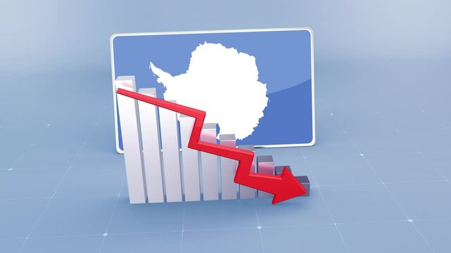 Antarctica country flag and bar chart graph showing decreasing values a red arrow economic crisis concept. Flag of Antarctica