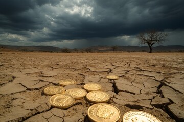 Gold coins scattered on arid land, stormy sky