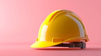 A pristine yellow safety helmet with reflective features, soft peach background