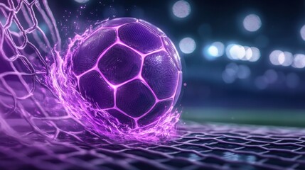 Naklejka premium Glowing soccer ball caught mid impact as it collides with a vibrant neon lit net creating a surreal and dynamic visual effect The image showcases the power and motion of the sport in a futuristic