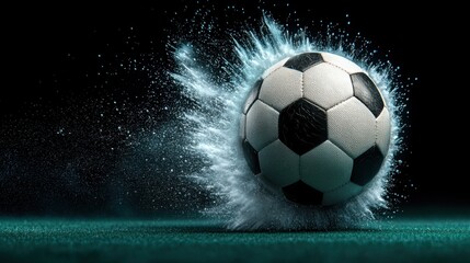 Naklejka premium Futuristic soccer ball in mid flight on a glowing illuminated pitch or field Dynamic high energy action with splash effect and lighting elements creating an abstract