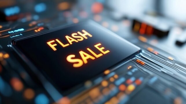 Futuristic glowing glass label with a bright eye catching  FLASH SALE  text overlay indicating a limited time discount or promotional offer for retail or e commerce purposes