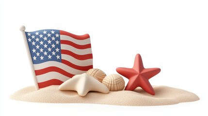 Patriotic Beach Scene American Flag with Starfish and Seashells on Sand