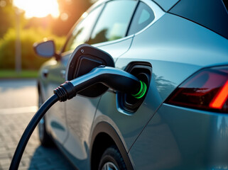 Eco power. Modern electric car getting electricity from renewable energy sources, car charging process close-up