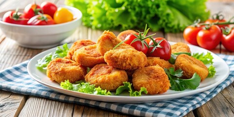 Crispy fried chicken nuggets on a white plate surrounded by fresh vegetables and a side salad