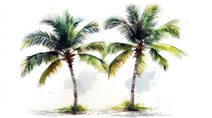 Obraz premium Watercolor twin palm trees on beach, clear sky background, tropical vacation