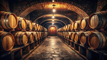 dark wine cellar, aged wooden barrels, dimly lit space, dim lighting, cellar storage