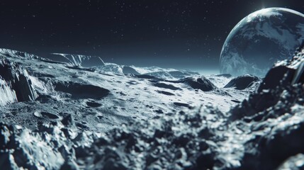 Lunar landscape with deep craters and sharp shadows, Earth rising in distance, cold tones, ultra-realistic --ar 16:9 --v 6 Job ID: bd3a90aa-d6db-47cc-b4c6-6ceeace97ea0