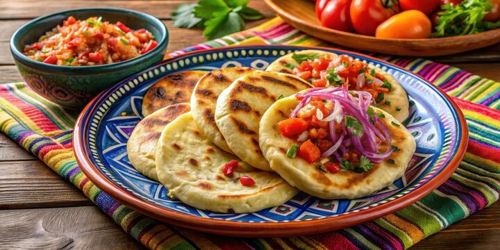 Traditional Salvadoran Pupusas on a Colorful Plate with Curtido and Tomato Salsa, tart curtido slaw, pupusas