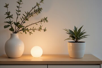 Fototapeta premium Tranquil Home Interior Modern Decor with Plants Soft Lighting