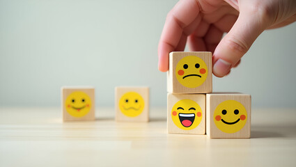 Hand Choosing Happy Smile Face Wooden Block – Concept of Positive Feedback and Customer Satisfaction
