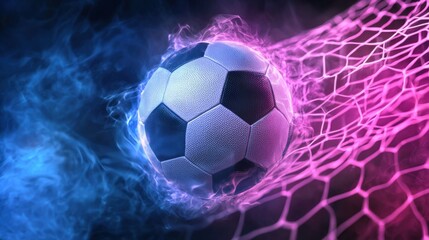 Obraz premium Intense Soccer Ball Hitting Goal Net Surrounded by Vibrant Neon Lights and Powerful Energy Creating a Dynamic and Electrifying Sports Atmosphere