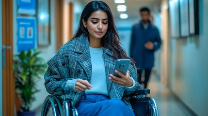 Young woman in wheelchair browsing internet on mobile phone in clinic hallway