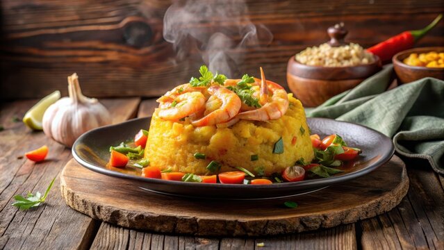 A plate of steaming hot mofongo with garlic shrimp and vegetables on a wooden table