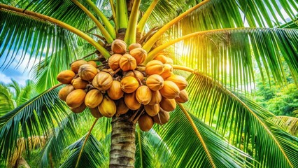 Tropical coconut tree with lush green leaves and brown coconuts hanging from branches, forest, outdoors